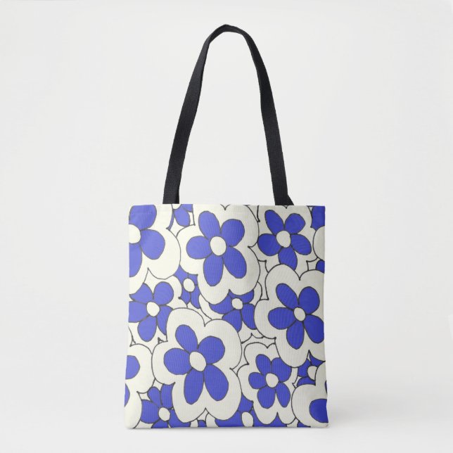 Hand drawn fun flower print blue white tote bag (Front)