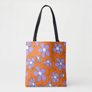 Hand drawn fun flower print orange purple tote bag