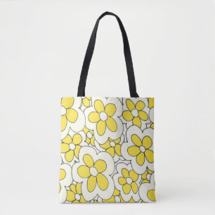 Hand drawn fun flower print yellow white tote bag