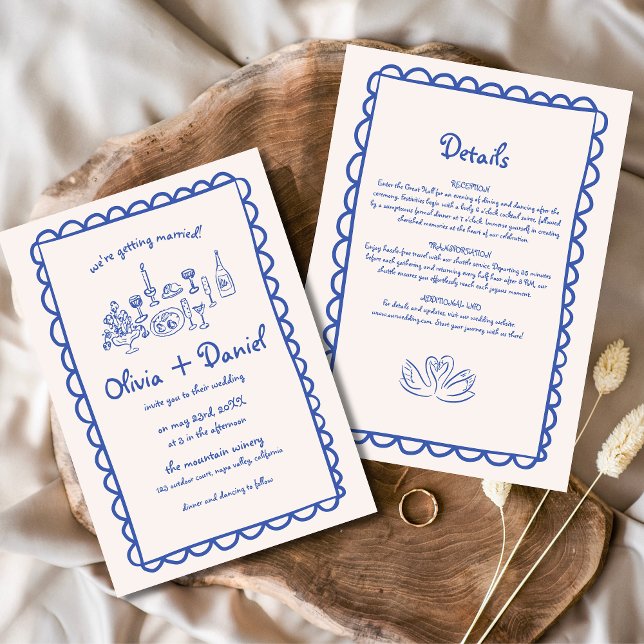 Hand Drawn Funky Blue Handwriting Wedding Invitation (Creator Uploaded)