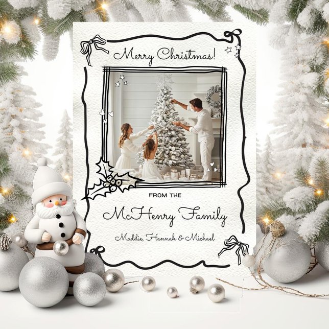 Hand drawn Funky Bow Holly Photo Merry Christmas Invitation (Creator Uploaded)
