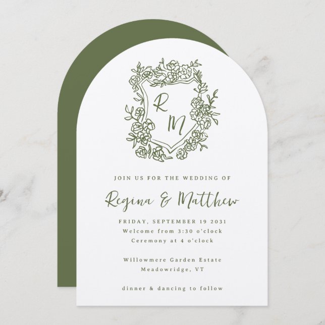 Hand Drawn Funky Floral Crest Monogram Wedding Invitation (Front/Back)