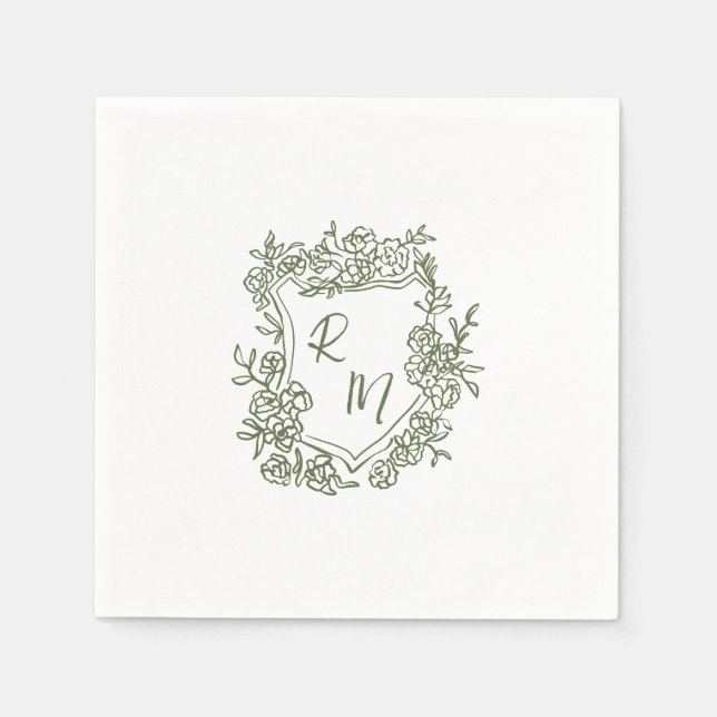Hand Drawn Funky Floral Crest Monogram Wedding Napkin (Front)