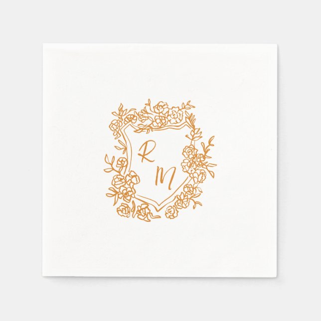 Hand Drawn Funky Floral Crest Monogram Wedding Napkin (Front)