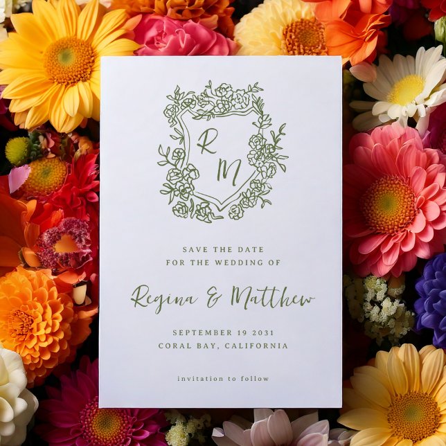 Hand Drawn Funky Floral Crest Monogram Wedding Save The Date (Creator Uploaded)