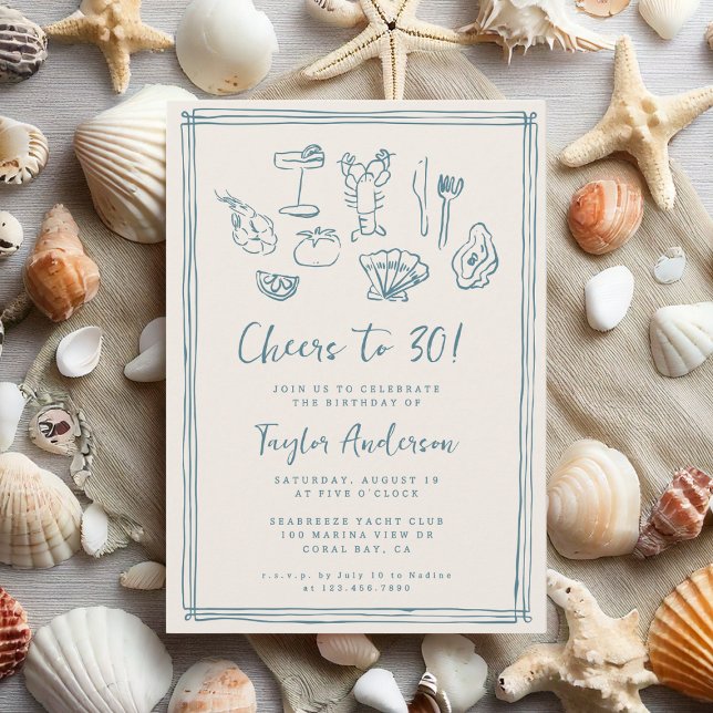 Hand Drawn Funky Nautical Beach 30th Birthday Invitation (Creator Uploaded)