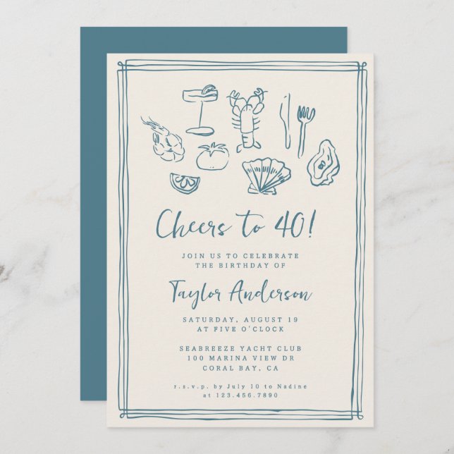 Hand Drawn Funky Nautical Beach 40th Birthday Invitation (Front/Back)