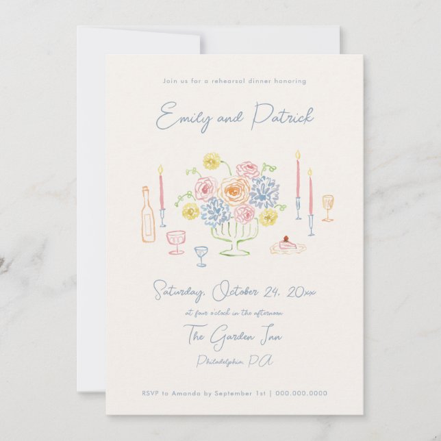 Hand drawn Funky Whimsical Pastel Rehearsal Dinner Invitation (Front)