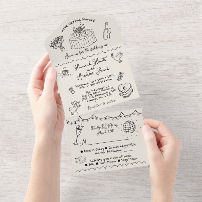 Hand Drawn funky whimsical wedding All In One All In One Invitation (Tearaway)