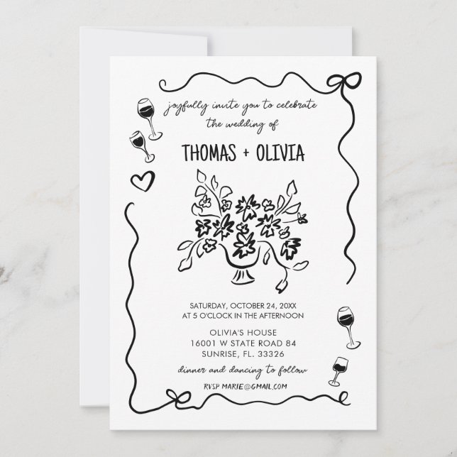 Hand drawn Funky Whimsical Wedding Invitation (Front)