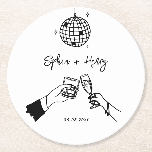 Hand drawn funky Whimsical  Wedding  Round Paper Coaster (Front)