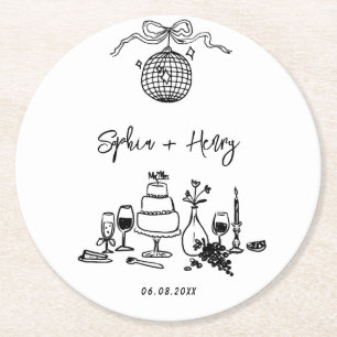 Hand drawn funky Whimsical  Wedding  Round Paper Coaster