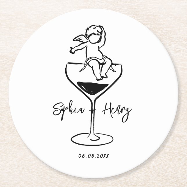 Hand drawn funky Whimsical  Wedding  Round Paper Coaster (Front)