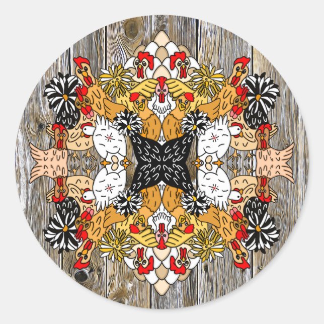 Hand drawn Funny Cartoon Chickens  Classic Round Sticker (Front)