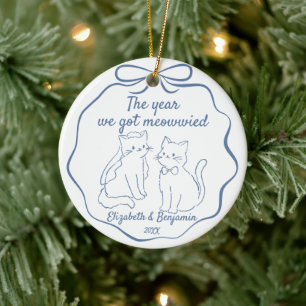 Hand Drawn Funny Cats 1st Christmas Married Photo Ceramic Tree Decoration