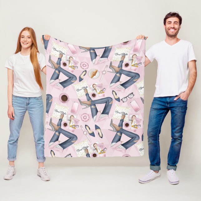 Hand Drawn Girl Boss Fleece Blanket (In Situ)