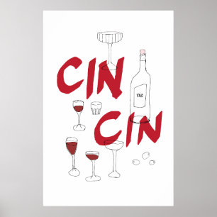 Hand-drawn glasses and bottle cin cin text poster