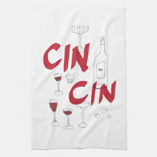 Hand-drawn glasses and bottle cin cin text tea towel