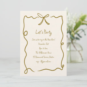 Hand Drawn Gold Bow Ribbon Border New Years Party Invitation