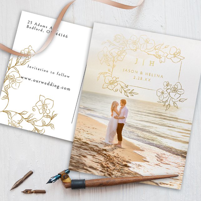 Hand Drawn Gold Floral Save the Date Foil Invitation Postcard (Creator Uploaded)