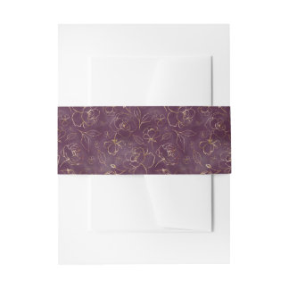 Hand Drawn Gold Flowers over Eggplant Watercolor Invitation Belly Band