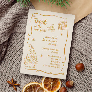 Hand Drawn Gold Illustrated New Years Eve Party Invitation