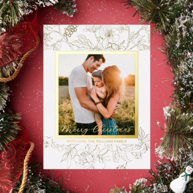 Hand Drawn Gold & White Floral Merry Christmas (Hand drawn floral Christmas Holiday Photo card with gold foil wildflowers with white background)