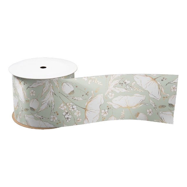 Hand-drawn Gold Wildflowers Elegant Sage Green Satin Ribbon (Spool)