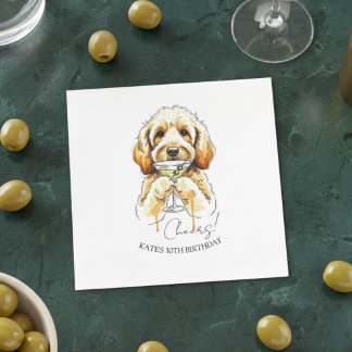 Hand Drawn Golden Doodle Dirty Martini Cocktail Napkin
