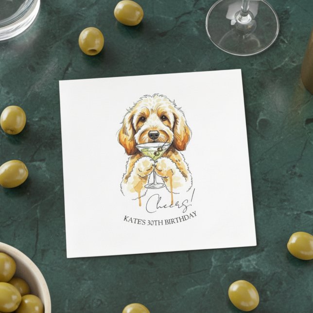 Hand Drawn Golden Doodle Dirty Martini Cocktail Napkin (Celebrate with this custom hand drawn golden doodle martini cocktail napkin!)