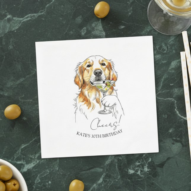 Hand Drawn Golden Retriever Dirty Martini Cocktail Napkin (Celebrate with this custom hand drawn golden retriever martini cocktail napkin.!)