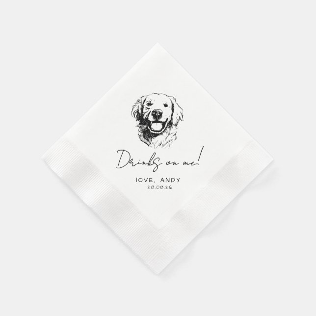Hand Drawn golden retriever Drinks on me Cocktail Napkin (Corner)