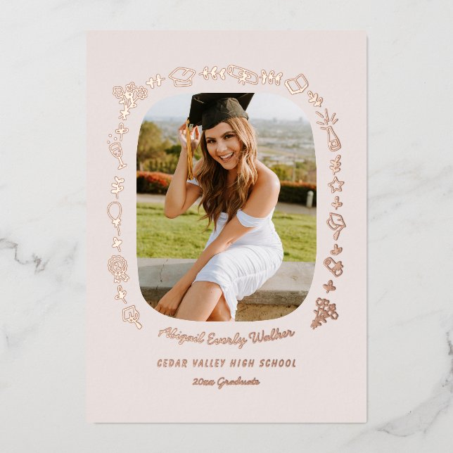 Hand Drawn Grad Announcement Foil Card with Photo  (Front)