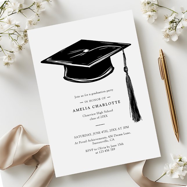 Hand Drawn Graduation Cap Elegant Grad Party Invitation (Creator Uploaded)