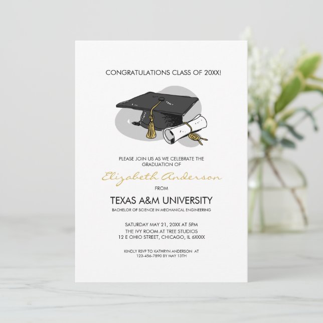 Hand Drawn Graduation Cap Invitation Card (Standing Front)