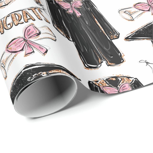 Hand-Drawn Graduation Gown Pink Bow Graduation  Wrapping Paper (Roll Corner)