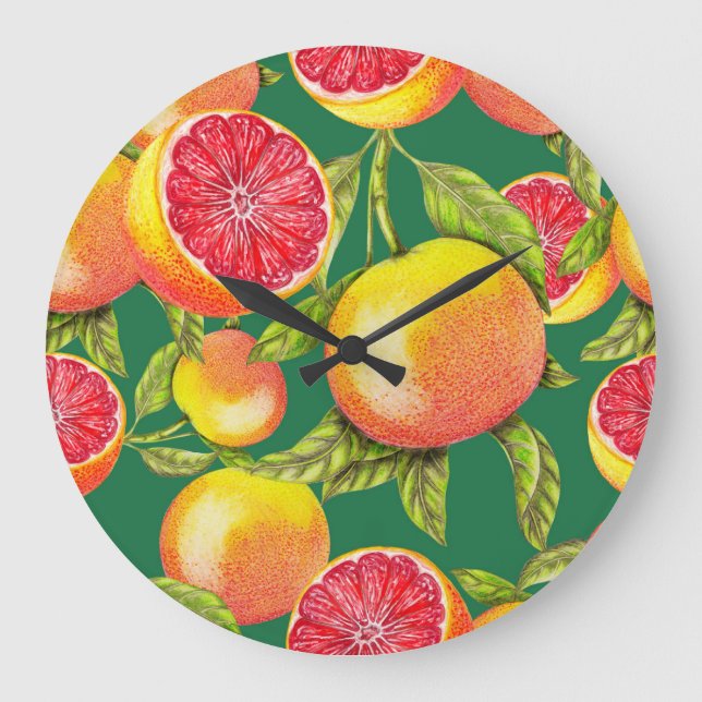 Hand Drawn Grapefruits Seamless Pattern Large Clock (Front)