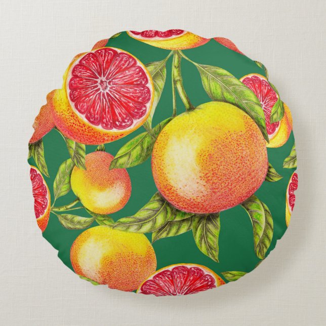 Hand Drawn Grapefruits Seamless Pattern Round Cushion (Front)