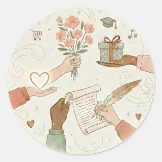 Hand-Drawn Gratitude & Kindness Circular Art Classic Round Sticker (Front)