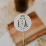 Hand Drawn Green Abstract Christmas Tree Snowman Classic Round Sticker<br><div class="desc">As you see the design features a unique green hand made and drawn painted abstract Christmas trees and . With green hand written typography of merry Christmas and handwritten family name in green.</div>