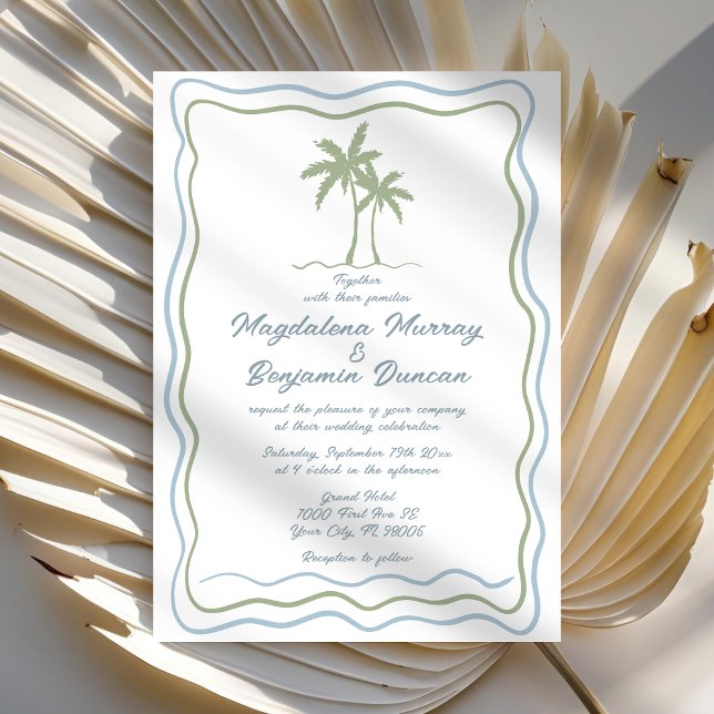Hand Drawn Green Blue Wavy Frame Palm Tree Wedding Invitation (Creator Uploaded)