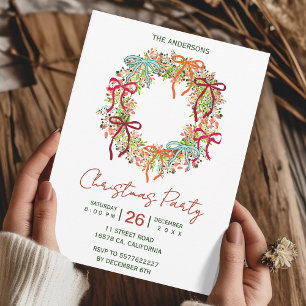 Hand Drawn Green Bow Christmas Wreath New Year Invitation