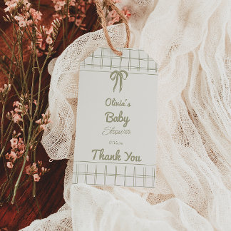 Hand Drawn Green Bow Gingham Neutral Baby Shower Gift Tags