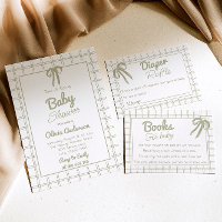 Hand Drawn Green Bow Gingham Neutral Baby Shower