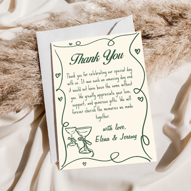 Hand Drawn Green Champagne Wedding Thank You Card (Creator Uploaded)