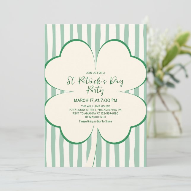 Hand Drawn Green Clover & Stripes St Patrick's Day Invitation (Standing Front)
