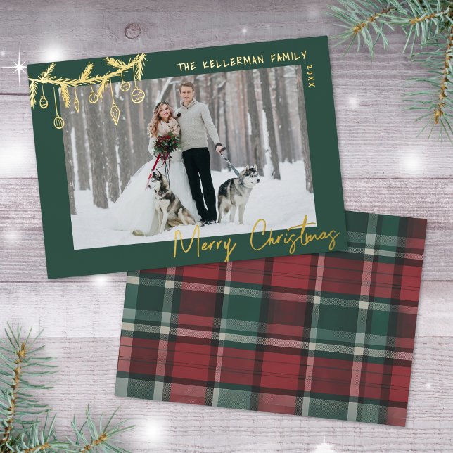 Hand Drawn Green Gold Tartan Merry Christmas (Hand Drawn Green Gold Tartan Merry Christmas Foil Holiday Card)