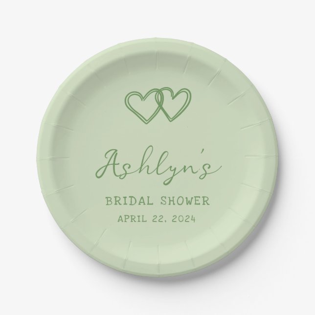 Hand Drawn Green Heart Bridal Shower Paper Plates (Front)