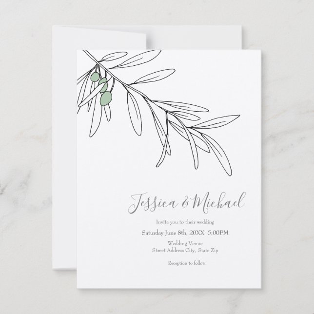 Hand Drawn Green Olive Leaves  Invitation (Front)