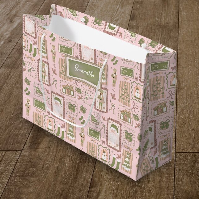 Hand Drawn green peach christmas custom name Large Gift Bag (Creator Uploaded)
